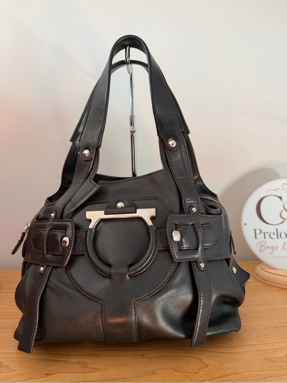 Salvatore Ferragamo Black Leather Shoulder Bag with Silver Hardware